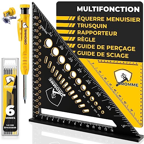 DROMME 5 en 1 Equerre Menuisier 180 mm + Crayon Chantier + Mines - Multifonction : Trusquin, Rapporteur, Gabarit de perçage, Règle, Équerre à chapeau – Alu Renforcé, Gravure Inaltérable