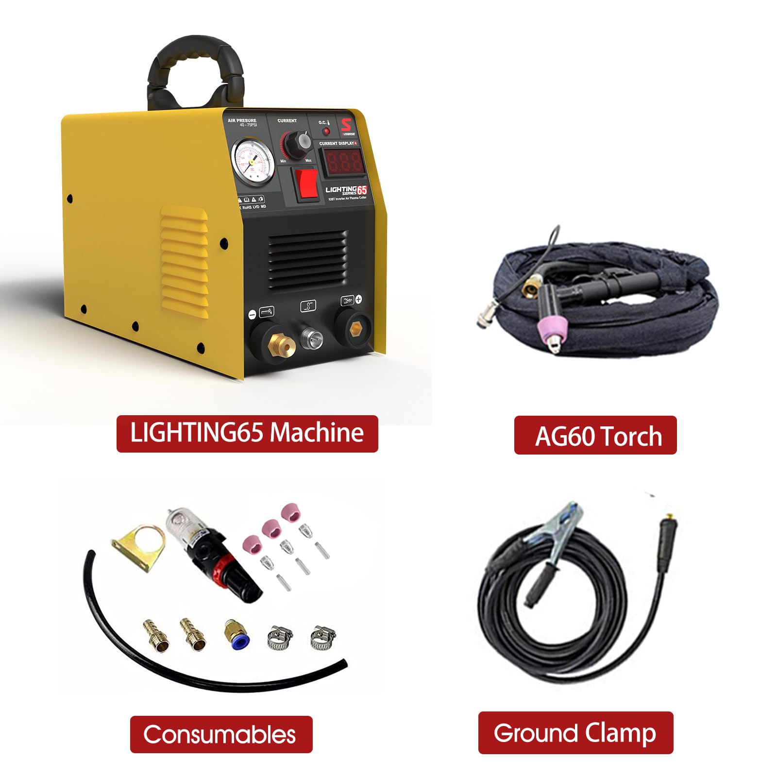SUSEMSE Plasmaschneider 65 Ampere IGBT Inverter Plasma Cutter (DC, 230V, Schneidstrom 20-65 A, Schneidleistung max bis 16 mm) - mit Plasmabrenner und Plasma Düsen Set