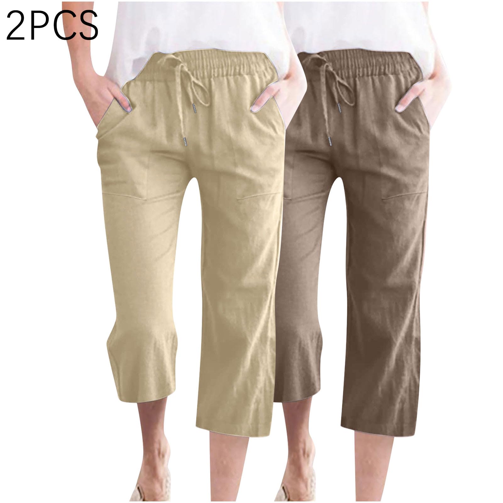 Cotton Linen Capris for Women Drawstring Elastic High Waist Cropped Pants Casual Loose Trouser 2 Pack(#1 Khaki,XX-Large)