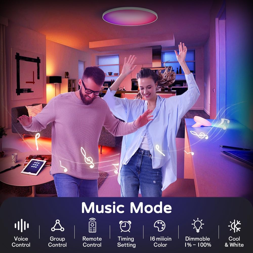 Lampada da Soffitto LED Intelligente 24W Dimmerabile, RGB+CCT 2700K-6500K, Compatibile Alexa/Google, IP54 Impermeabile, Timer, Modalità Musica, Luce Notturna per Casa