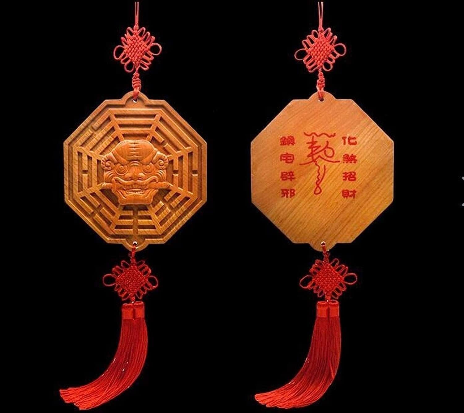 YATUOPNG Bagua Mirror 16.5cm Mahogany Carved Tiger Head Bite Sword Beast Gossip Evil Spirit Chinese Feng Shui Mirrors