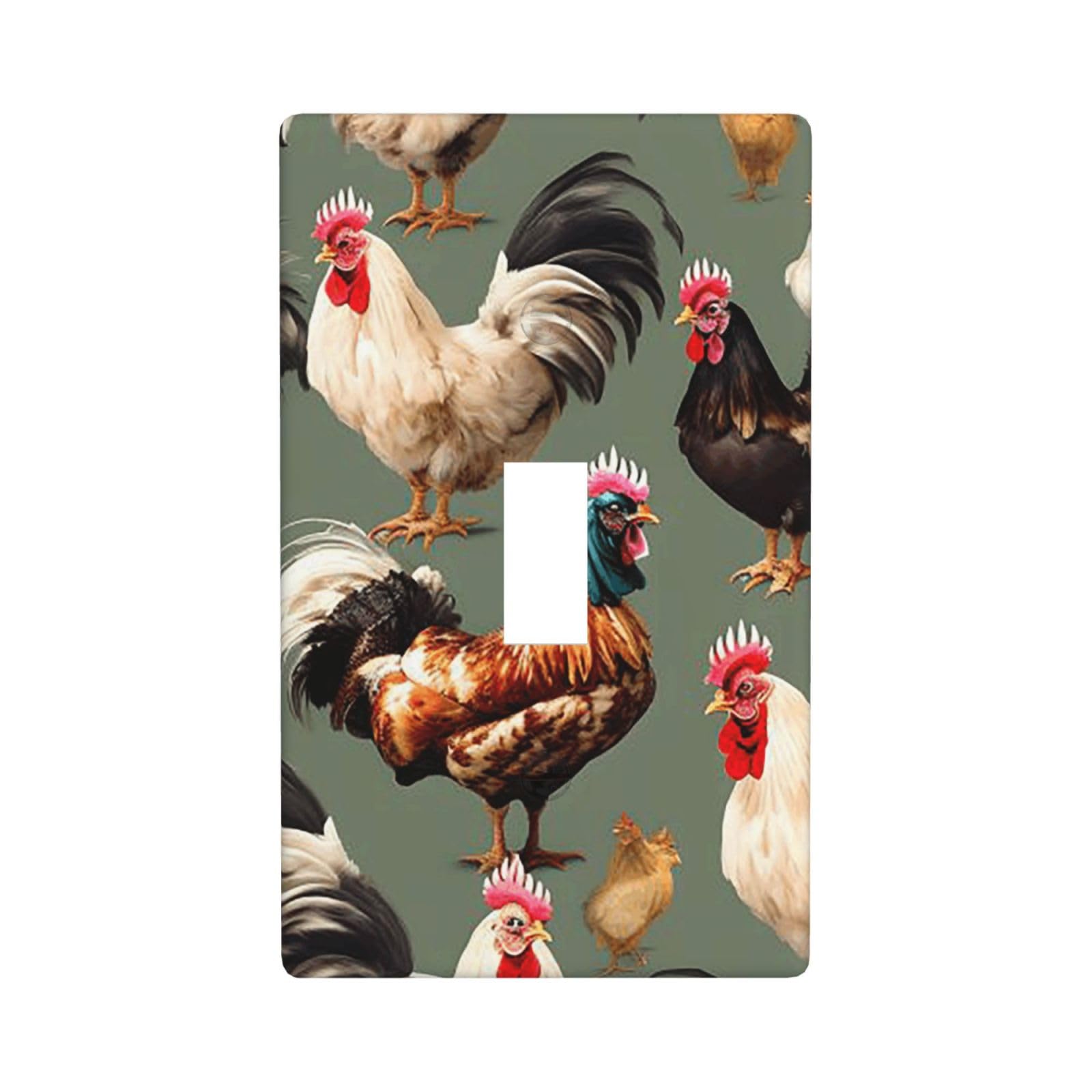 Chicken And Rooster Print Wall Plate, 1-Gang Decorative Light Switch Covers, Unbreakable Polycarbonate Faceplates Outlet Cover Electrical Receptacle Plug Covers Standard Size, Screws Included