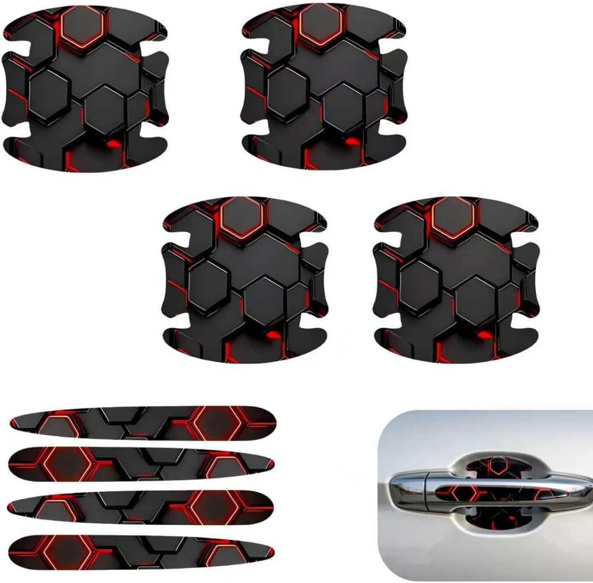 8 PCS Car Door Handle Protectors, 3D Honeycomb-Pattern Cool Hexagon Auto Door Handle Protector, Scratch-Resistant Door Bowl Protective Sticker, Universal Car Exterior Decorative Decals (Red)