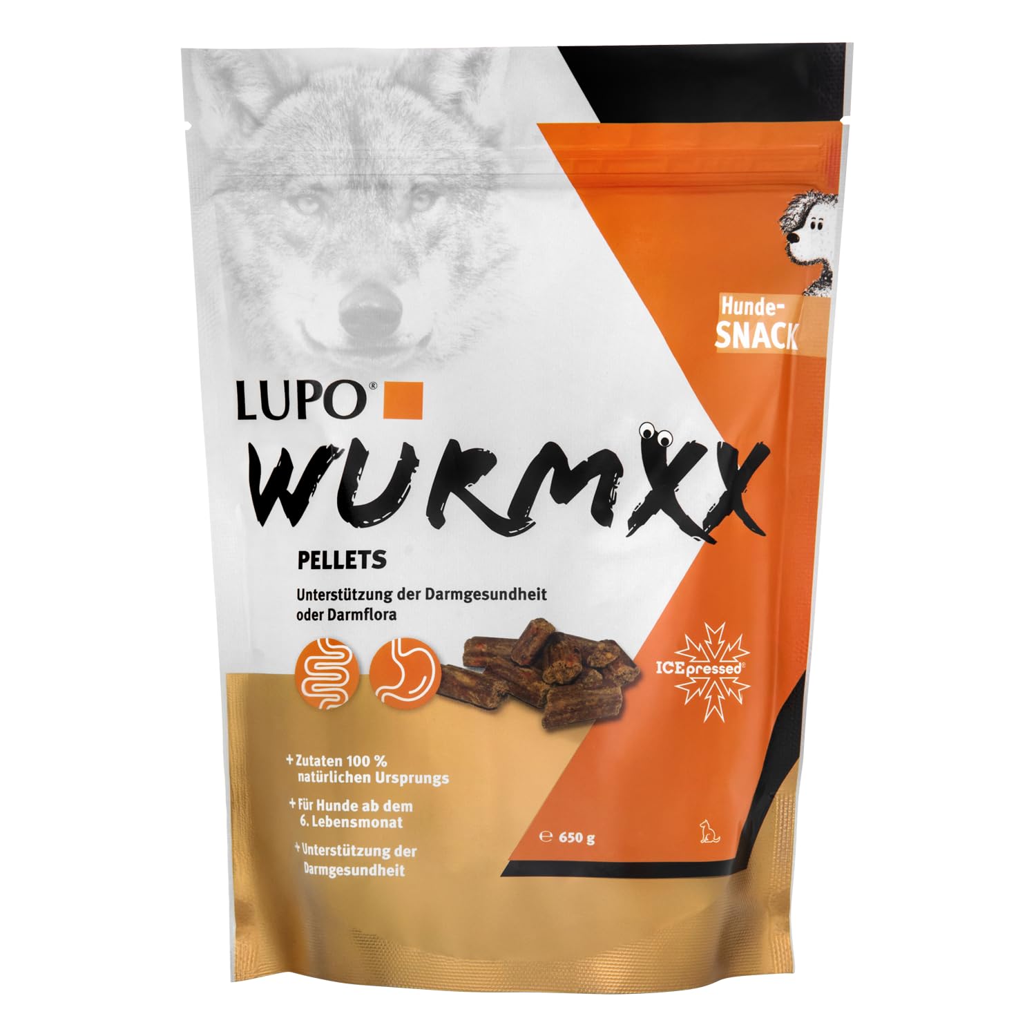 Lupo WURMXX Snack per cibo per cani, mangime complementare in pellet per la salute intestinale, con anatra ed erbe (650 g)