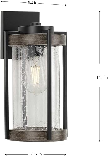 Miniatura 7 de Whitmire Collection - Farol de pared para exteriores con 1 luz de cristal transparente con detalles de roble envejecido, color negro mate