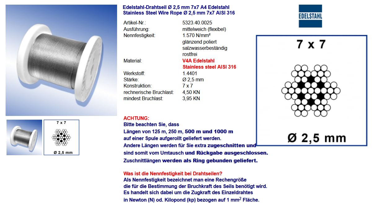 Fune metallica in acciaio inox, diametro = 8,0 mm | 7 x 7 | Corda in acciaio inox A4 inox V4A, 20 metri