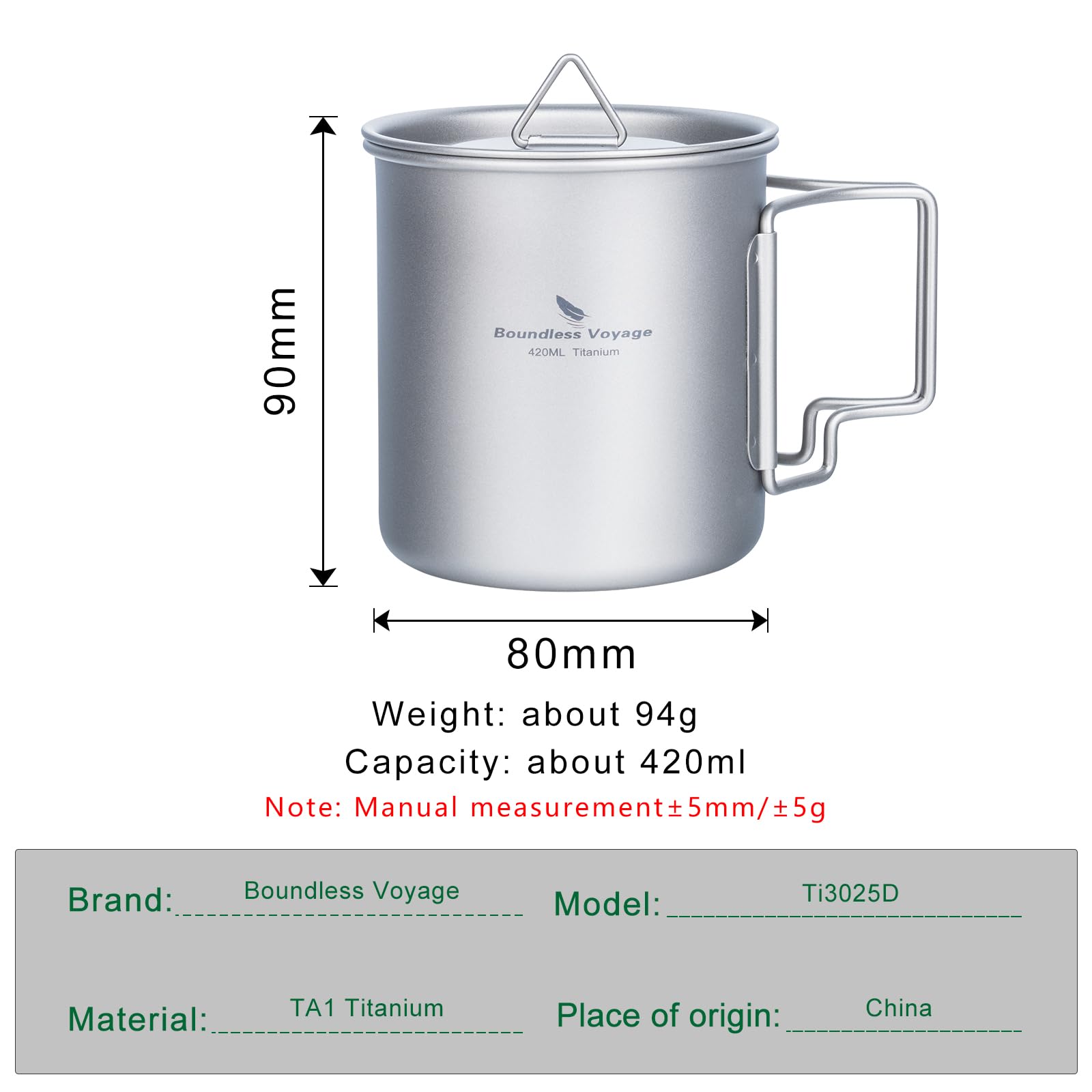 usharedo Titanium Cup Portable Camping Picnic Water Cup with Lid Outdoor Ultralight Camping Drinking Cup Mug Picnic Cutlery Cookware Ti3025d