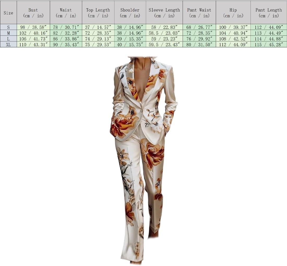 Women's Satin Floral 2 Piece Suit Set, Long Sleeve Blazer and Pants, Elegant Dressy Business Casual Outfit