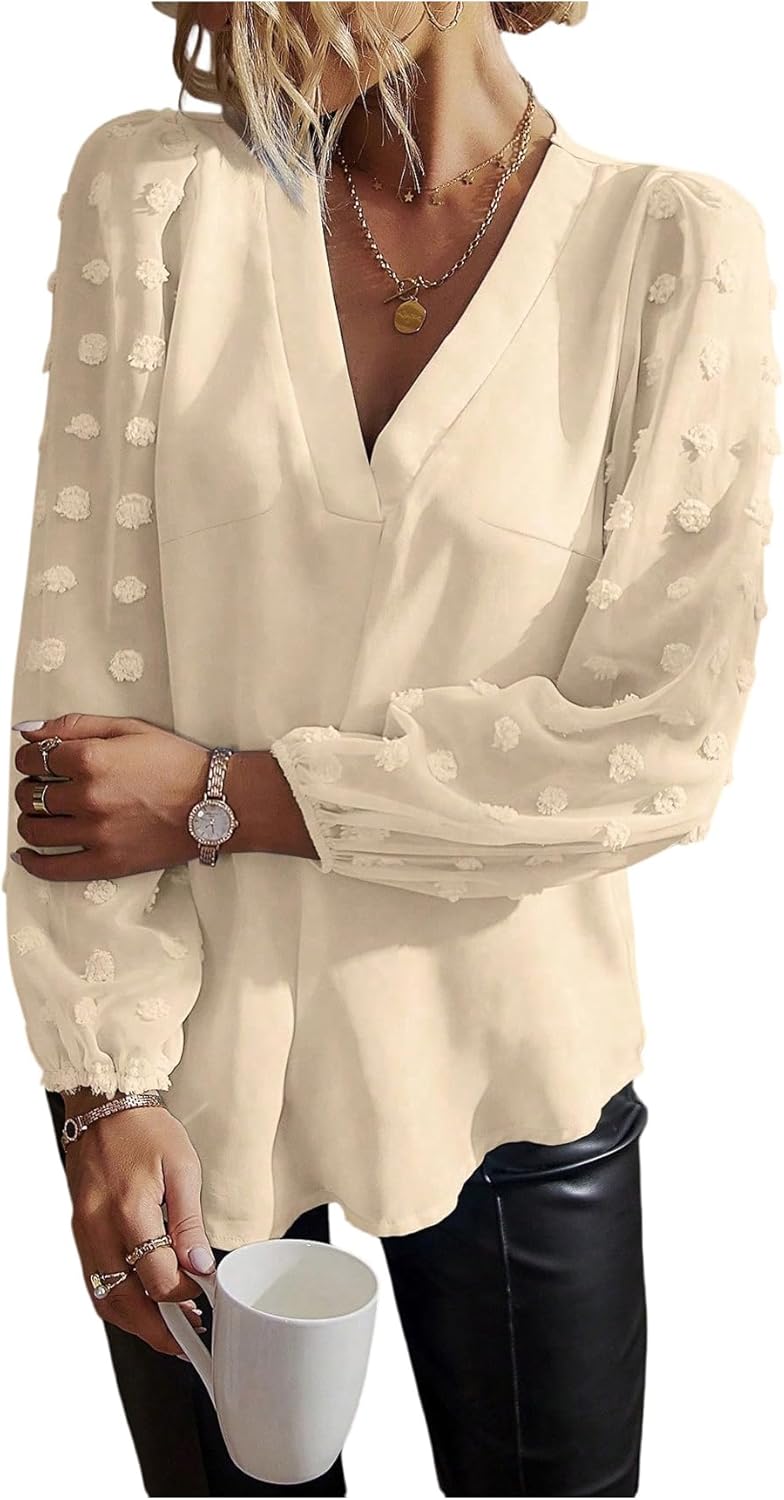 SHENHE Women's Dressy Casual Blouse Lantern Sleeve V Neck Swiss Dots Business Work Shirt Blouse