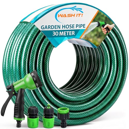 Garden Hose Pipe with Connectors and Hosepipe Spray Gun - Reinforced Garden Hose Set Including Adjustable Hosepipe Spray Gun Tap Connector and 2 Couplers for Plant Watering and Car Washing (30m)