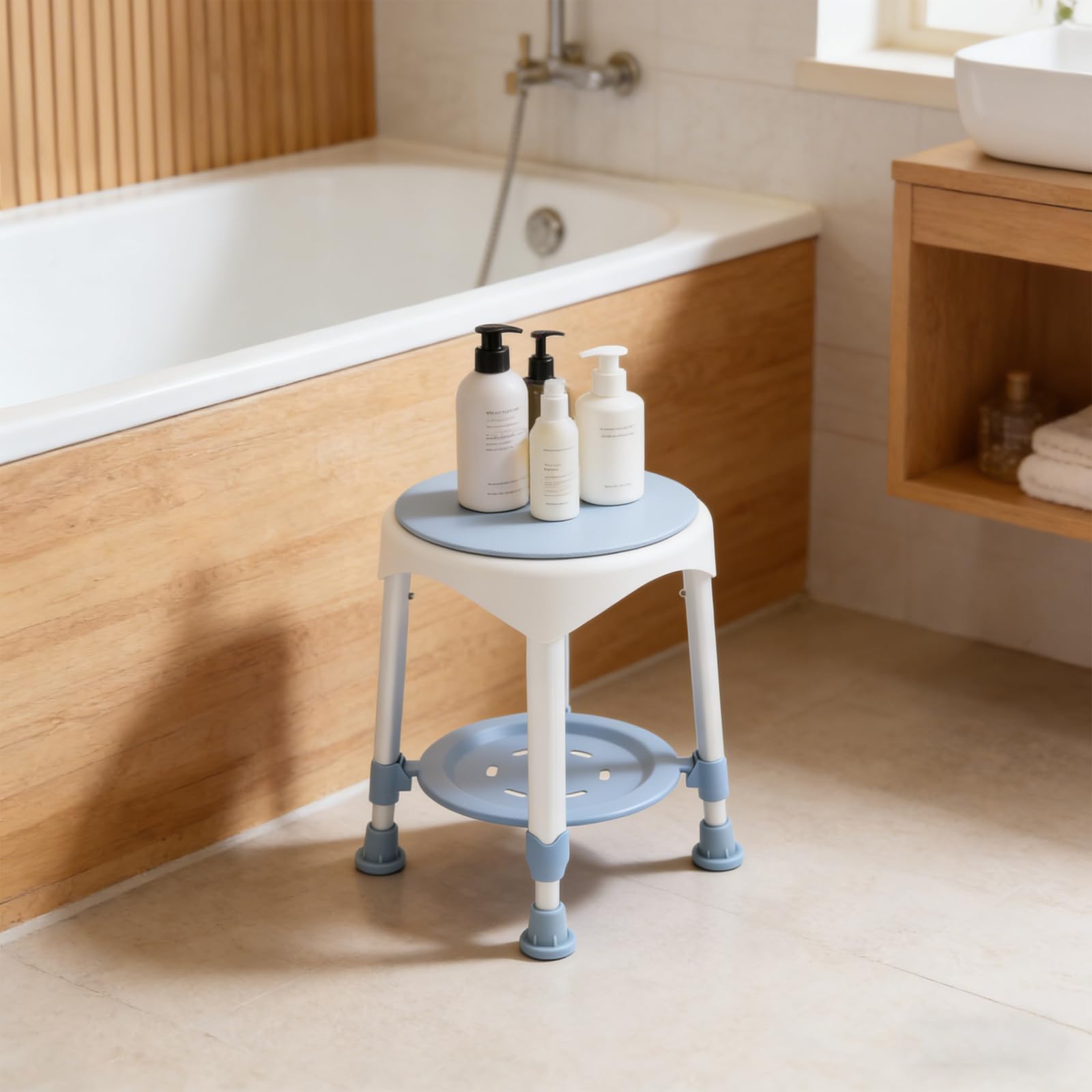 Taburete de ducha giratorio para personas mayores, asiento de ducha giratorio 360°, silla de baño con estante, altura regulable hasta 150 kg, color azul