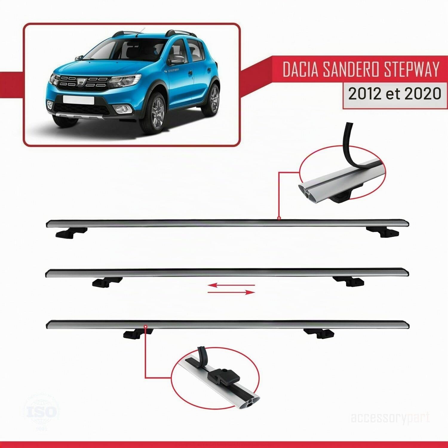 Compatible avec Dacia Sandero Stepway 2 2012-2020 Basic Model Barres de Toit Railing Porte-Bagages de Voiture Gris Aluminium 2 Barres