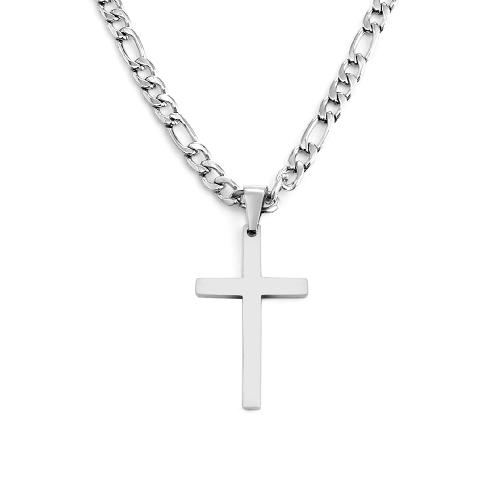 Cross Necklace for Men - Stainless Steel Silver/Gold Plain Cross Pendant Necklace Simple Jewelry Gifts, 24 Inches 3:1 Figaro Link Chain 4/5/6mm Width