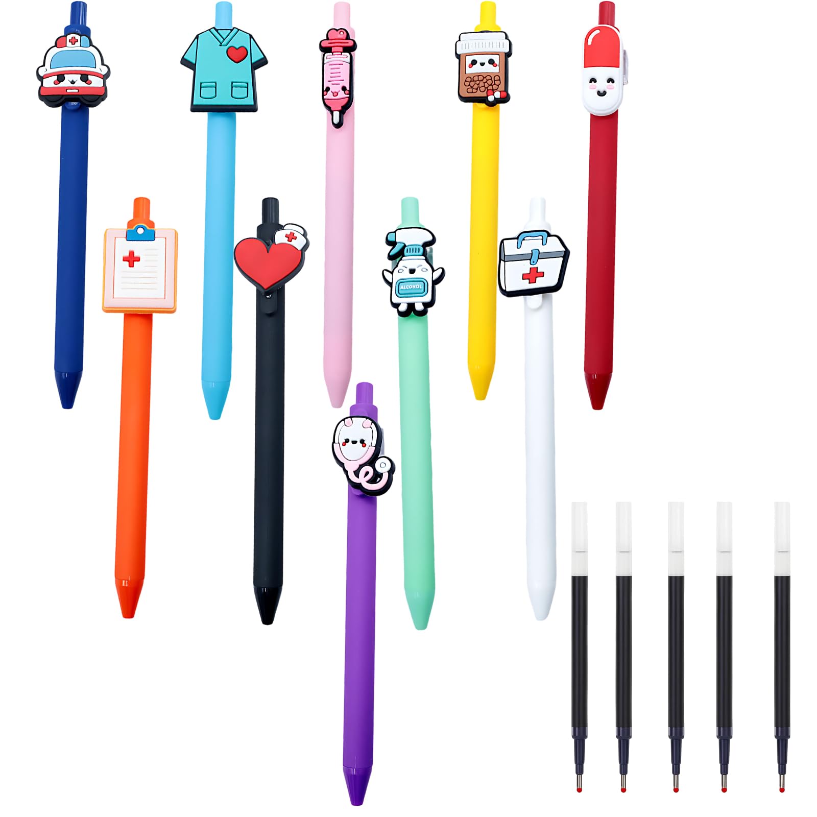 WNXBFO Nurse Pens, Essential Nurse Accessories for Work, Thoughtful Nurse Gifts for Women, 10 Retractable Medical Themed Pens with 5 Refills, Black Ink for Medical Documentation and Note-Taking