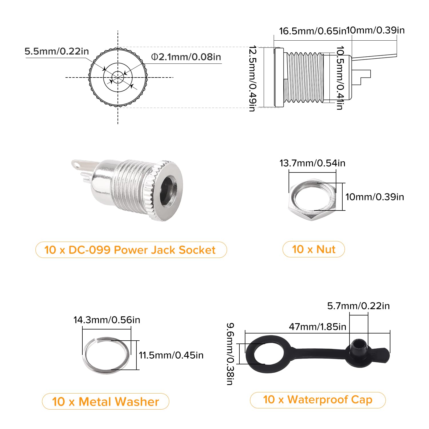 DC-099 Connettori Femmina 5.5x2.1 mm DC Presa Jack Alimentazione con Cappuccio Impermeabile Montaggio a Pannello 10 Pezzi