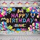 RUMIA Slime Birthday Backdrop, Colorful Polyester Banner with Copper Holes, Large Decor for Kids Paint Art Party, Reusable