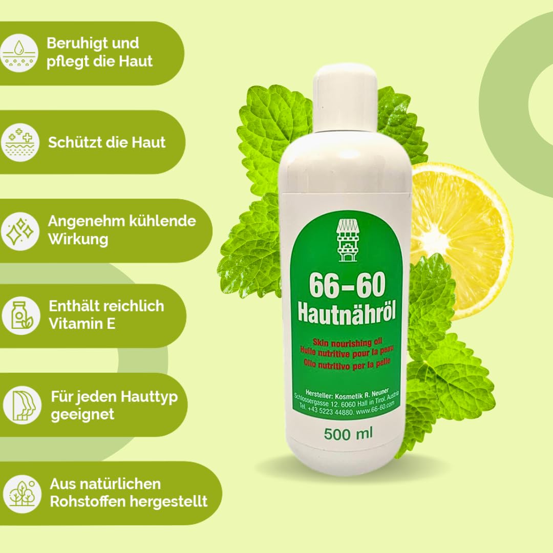 66-60 Hautnähröl die sanfte Pflegeemulsion mit reichlich Vitamin E - Hergestellt in Tirol - 500 ml - für alle Hauttypen geeignet -inkl. Spender - Vitamin E Öl - Hautöl Natur