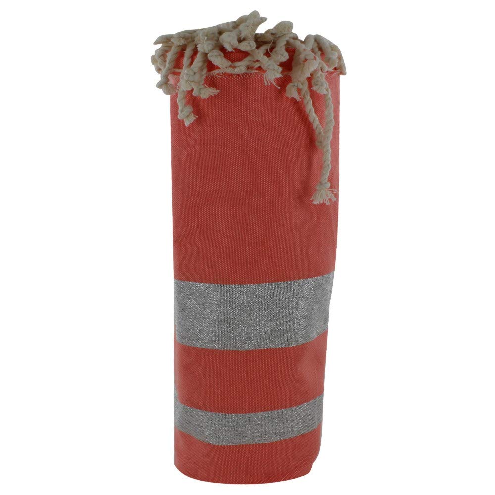 LES POULETTES BIJOUX - Fouta Beach Towel Salmon Cotton and Lurex Stripes, Orange