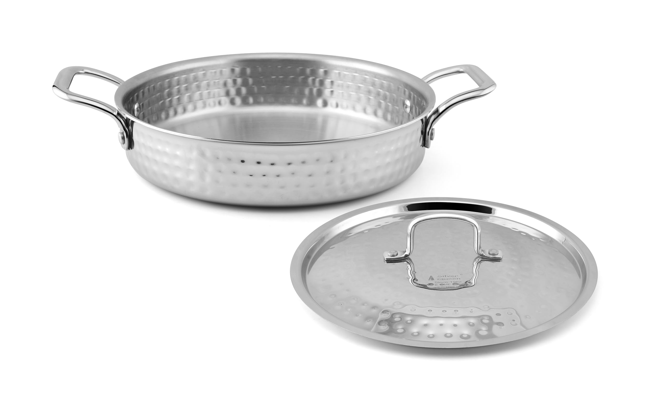 Silver Queen (Silver, 22 CM, 1.8 LTR. Premium Stainless Steel Triply Hammered Jalebi Kadhai with Lid | Heavy Bottom Kadai for Frying, Jalebi, Biryani & Curry | Gas & Induction Compatible