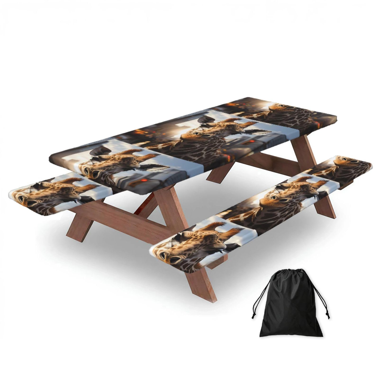 Hhbiuuo Black 72In Camping Table Cover & Bench Covers 3-Pack Set, New York Giraffe Street Print Tablecloths, For Rectangle Tables Picnic