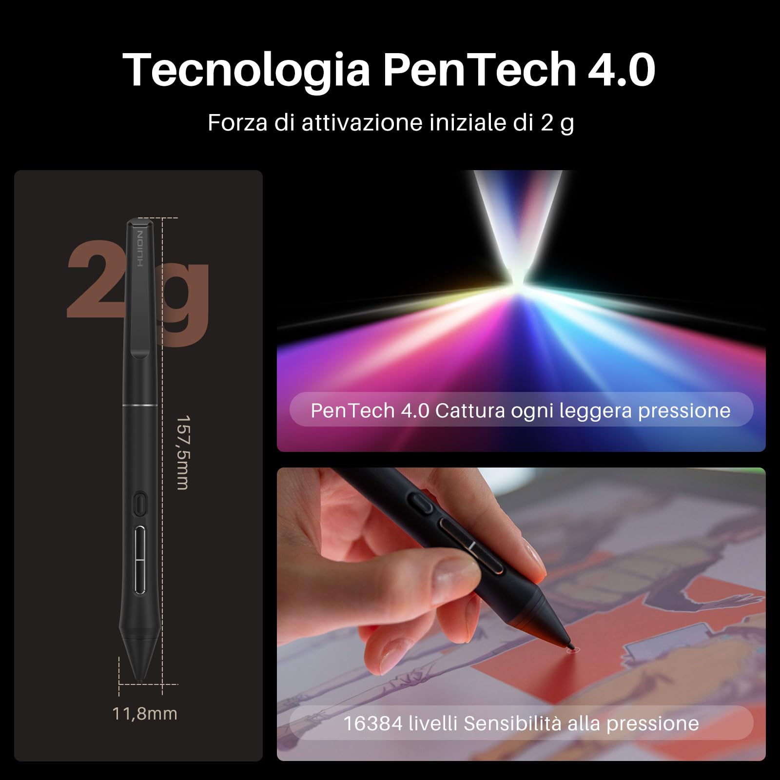 HUION KAMVAS 16 (Gen 3) Tavoletta Grafica con Schermo, PenTech 4.0, 15,8" 2.5K QHD Anti-Scintilla, 16384 Pressione Penna, Doppi Quadranti per Mac, PC, Android