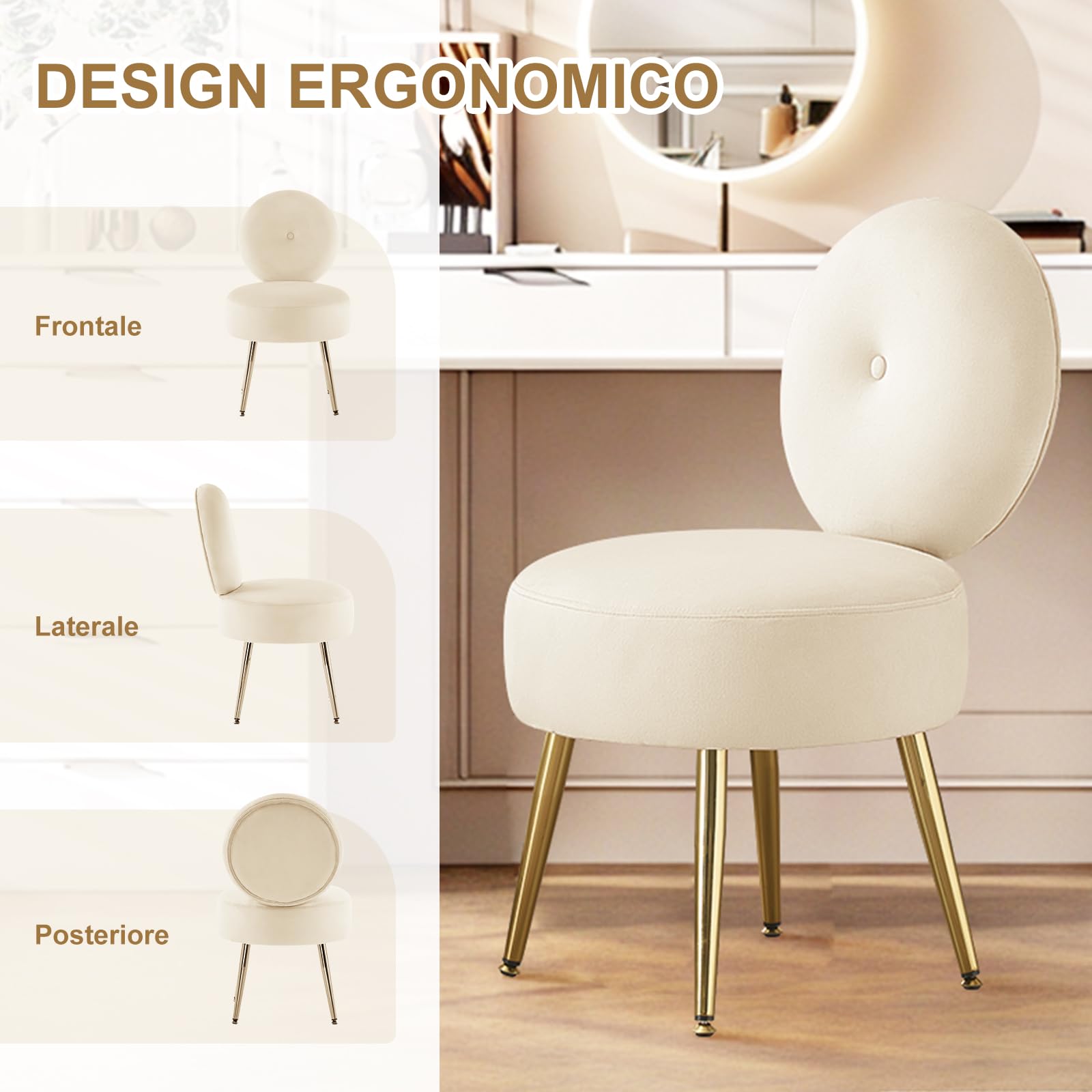 Poltrona da Trucco in Velluto Imbottita Schienale e Gambe in Metallo per Camera da Letto, Salotto, Soggiorno, Cucina, Studio - Beige
