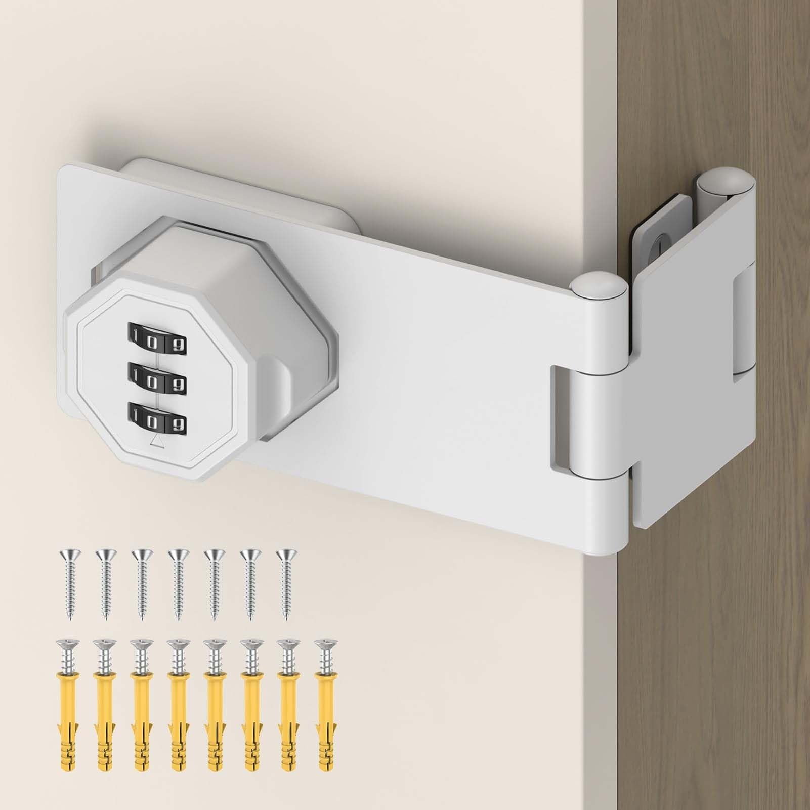 GUODDM Zinc Alloy Keyless Folding Hasp Lock Latch, 90 Degree 3-Digit Combination Cabinet Lock, Password Security Rotary Door Latch For Office File Cabinet, Drawer, Locker, Cupboard(White,1)