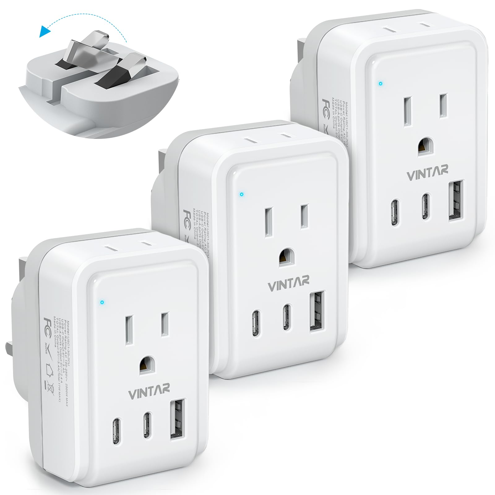 3 Pack US to UK Ireland Travel Plug Adapter, VINTAR Foldable Type G Power Adapter with 2 Outlets and 3 USB Ports(2 USB C), 5 in 1 UK Outlet Adaptor