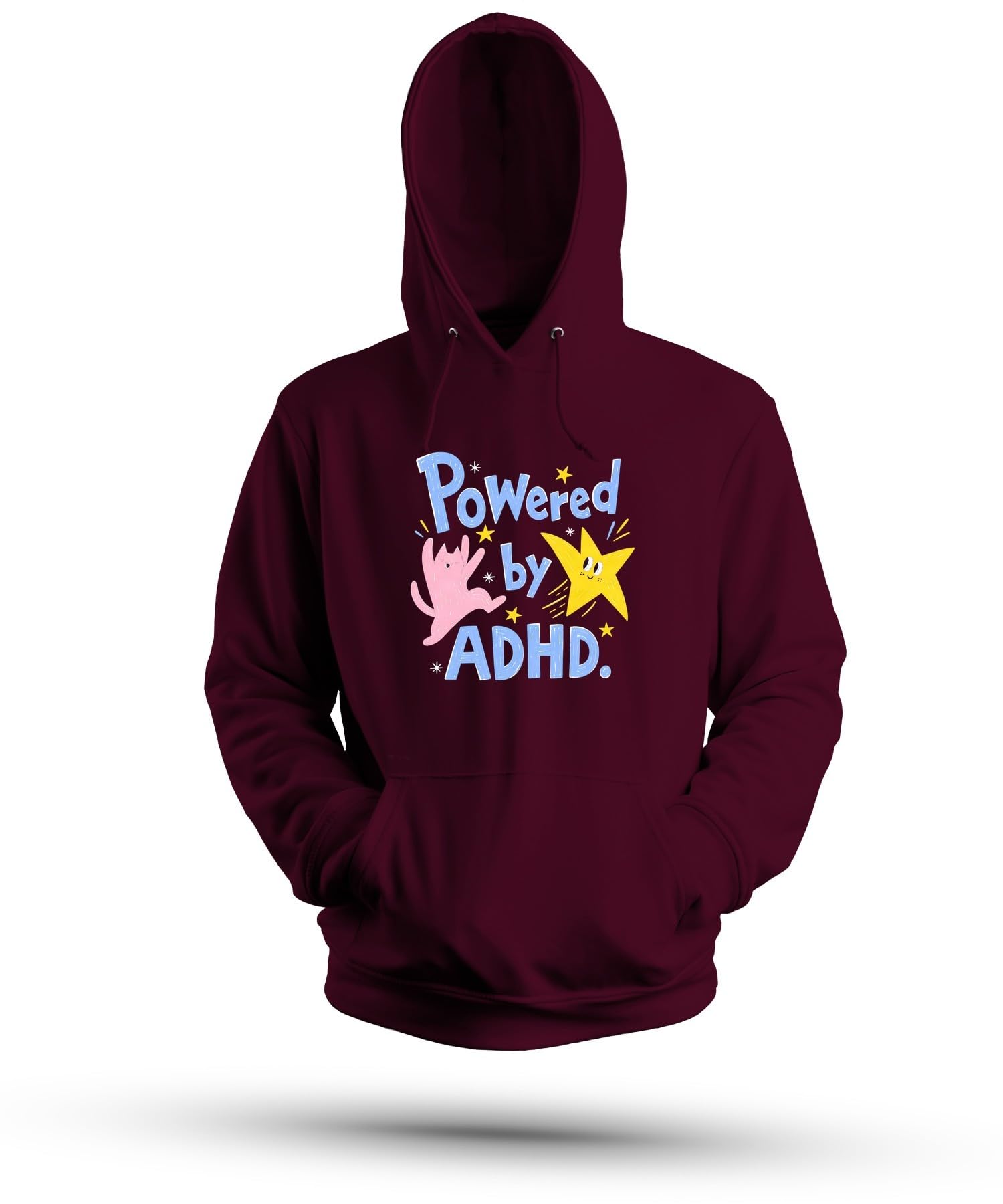Powered by ADHD kot gwiazda statement bluza z kapturem | Sarkazm Koncentracja Nadpobudliwość Zdrowie Mental Health Awareness Dzieci Szkoła Pastelowe Ręcznie rysowane Kotek Gwiazdka