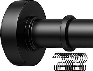 Black Shower Rod with 12 Hooks, 43-72 Inches, Rust Resistance, Adjustable Tension Rod with Durable Spring, No Drilling - Use For Bathroom, Bedroom, Home, Matte Black