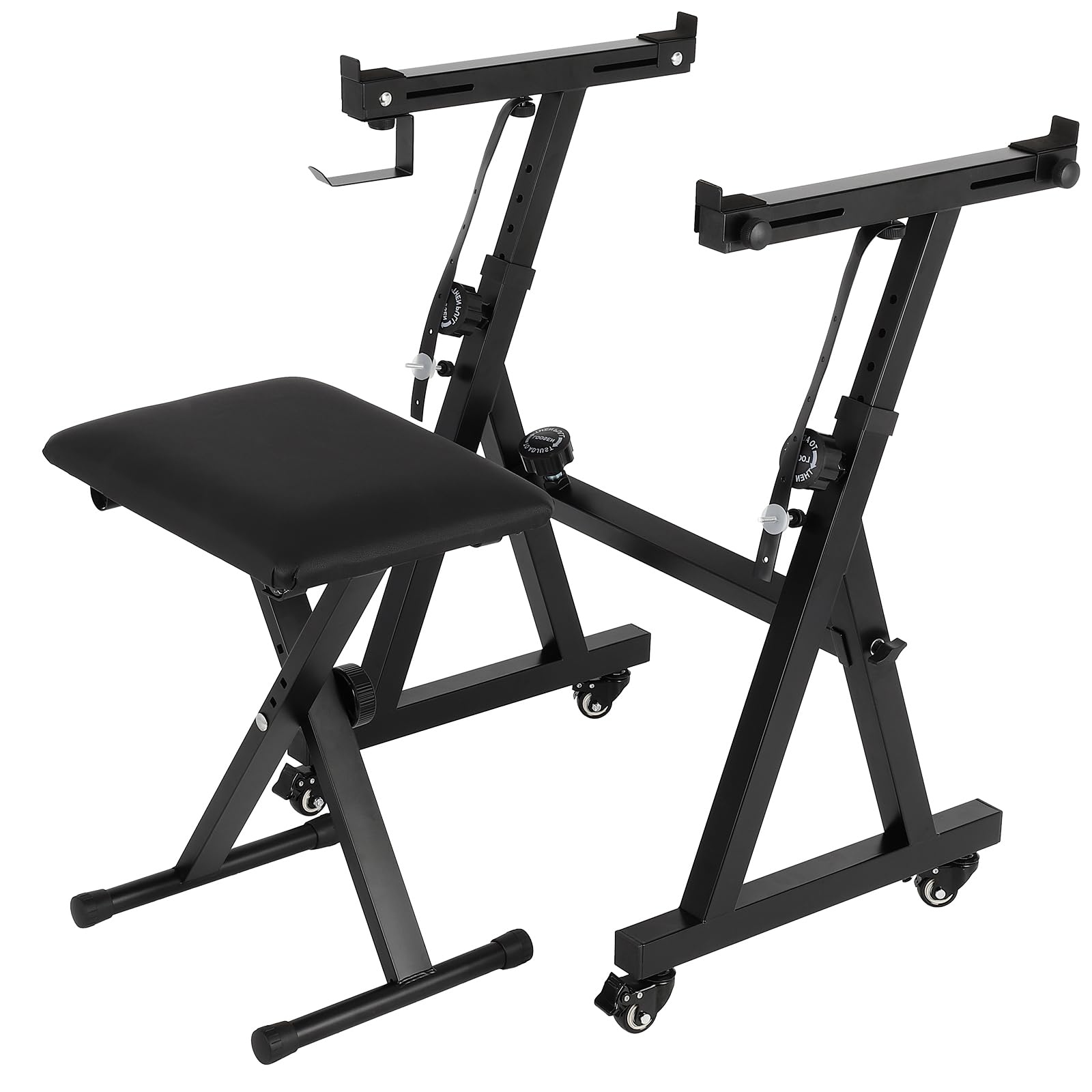 FAHKNS Piano Keyboard Stand and Bench, Z Style Portable and Adjustable Piano Stand with Headphone Bracket for 54-88 Key Electric Pianos, Piano Accessories with Bottom Wheel for Kids and Adults