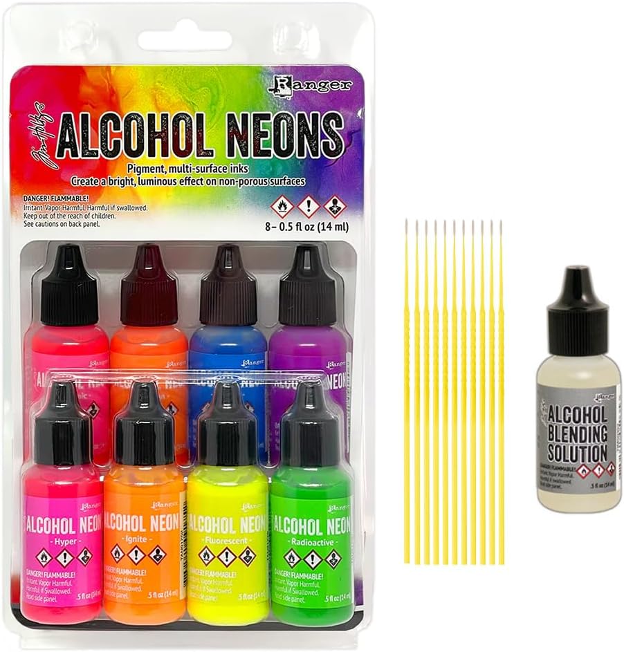 Alcohol Neons Bundle - Ranger Tim Holtz Alcohol Ink Neons 8pk with .5 oz Blending Solution and Trebbies Detail Sticks