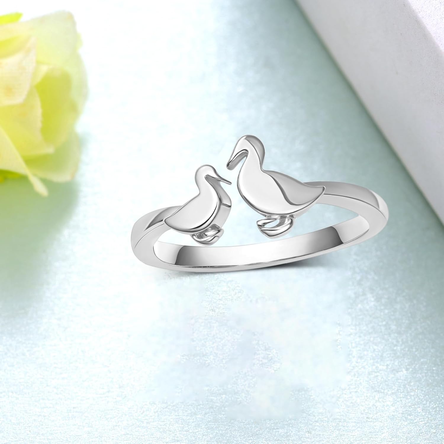 Duck Rings for Women 925 Sterling Silver Duck Gifts for Duck Lovers Duck Open Ring Cute Animal Duck Jewelry for Women (White Gold)