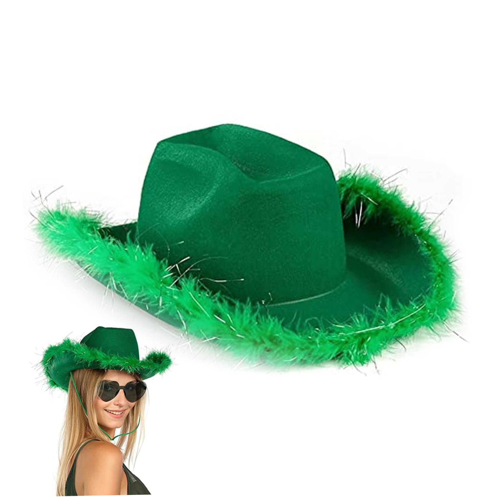 CNAFGBGG Green Cowgirl Hat Fluffy Cowboy Hat with Glitter Wide Brim Western Party With Adjustable String for Cosplay Hen Party Fancy Dress Accessory