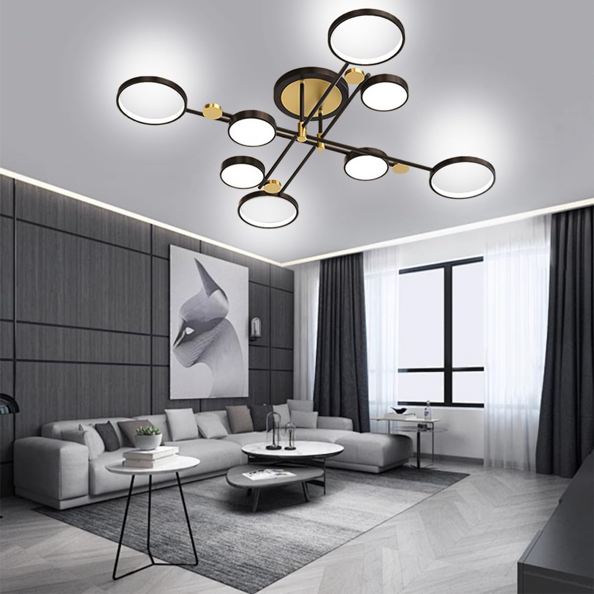 Lxysy LED Ceiling Light Dimmable Living Room Lamp Modern、Ceiling Lamp Bedroom Ceiling Lamp Black Ceiling Lamp Gold (Black, L 126CM)