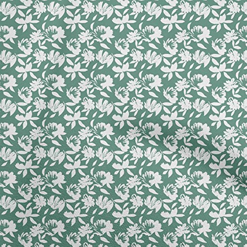 oneOone Cotton Poplin Twill White & Green Fabric Floral Sewing Material Print Fabric by The Yard 56 Inch Wide