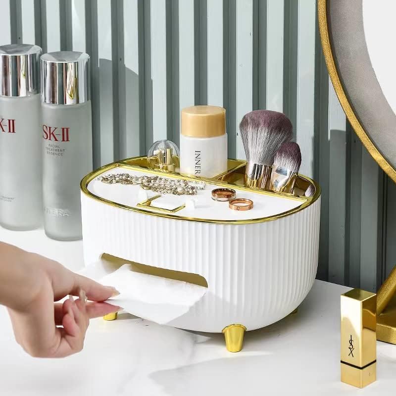 SRUNISH Elegant Tissue Box Holder, Tissue Box Cover Case Napkin, Tissue Holder Case for Office Home Decoration with Mobile Stand and Two compartments for Jewlery Makeup Brush (White) (B0CWCZYNMP) Amazon Price History, Amazon Price Tracker