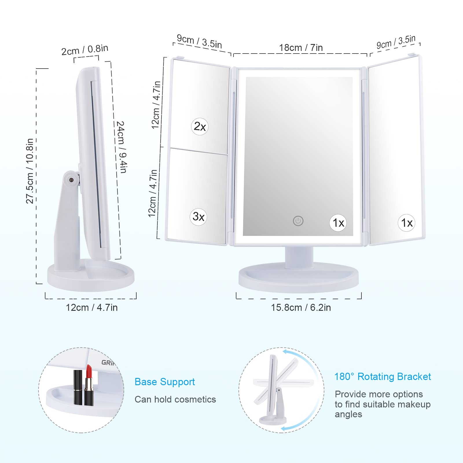 GRIFEMA GF1001W Espejo Maquillaje con Luz LED Triple Aumento 1X/2X/3X Rotación 180° Interruptor Táctil Blanco