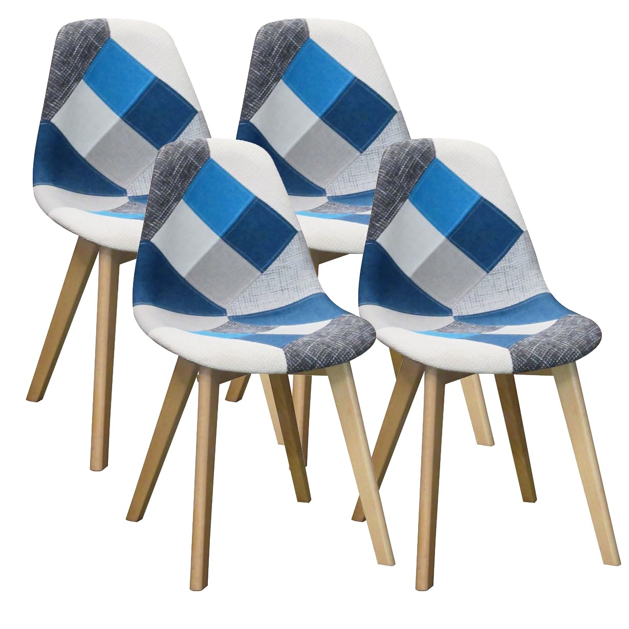 RedOAK® Barson Blue Set of 4 Chairs, Multicolor Patchwork Fabric, Steamed Beech Wood Legs