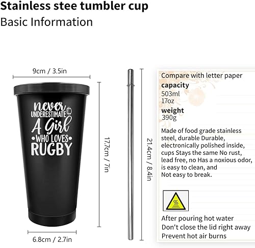 Miniatura 3 de Funny Tumbler Tumbler Rugby, Never Underestimate A Girl Who Plays Rugby Reusable Tumbler With Lid And Straw,Gifts For Friends,Insulated Tumbler With