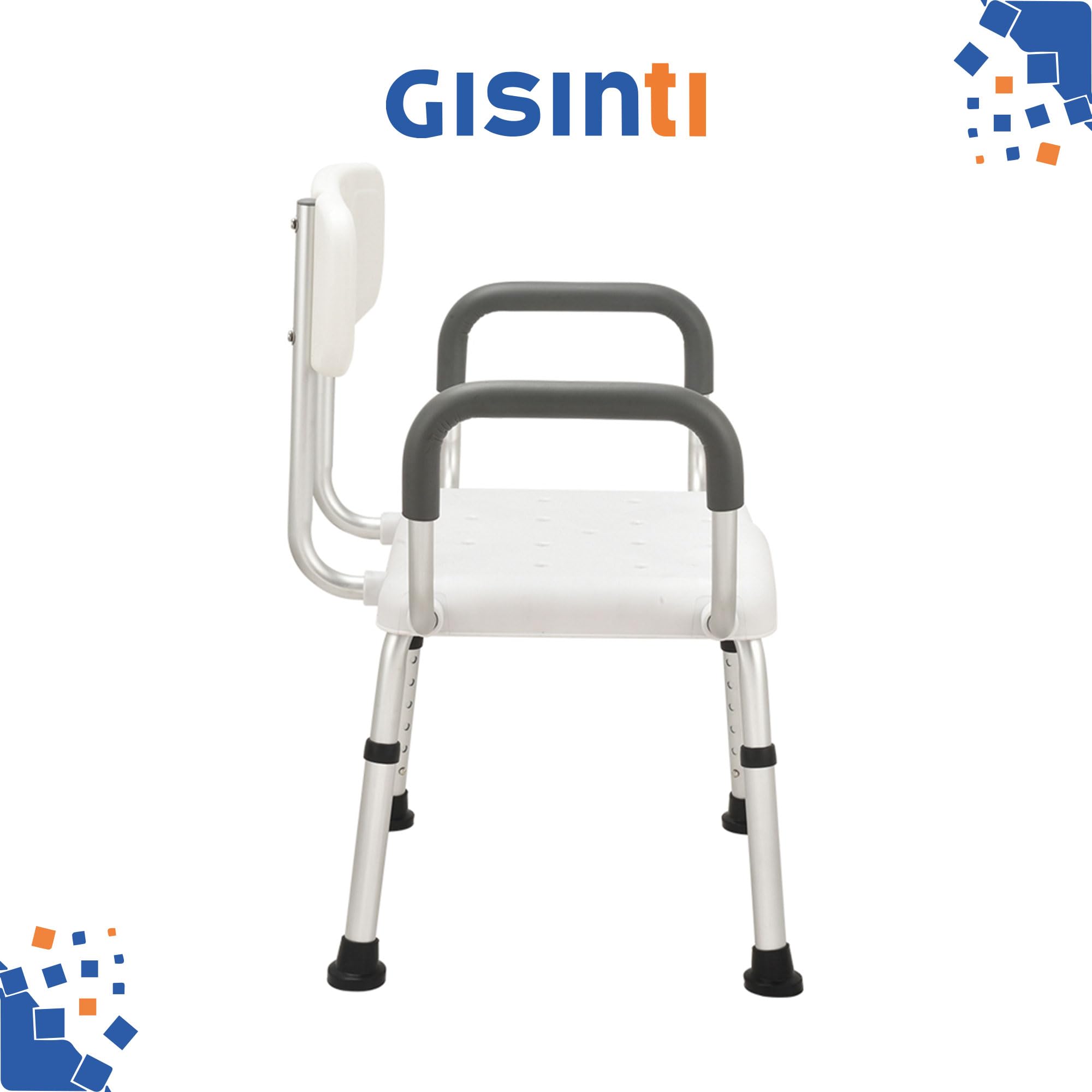 Gisinti Sedia Doccia Confortevole e Sicura per Anziani e Disabili - Con Braccioli, Schienale, Regolazione Altezza e Piedini Antiscivolo, Bianco