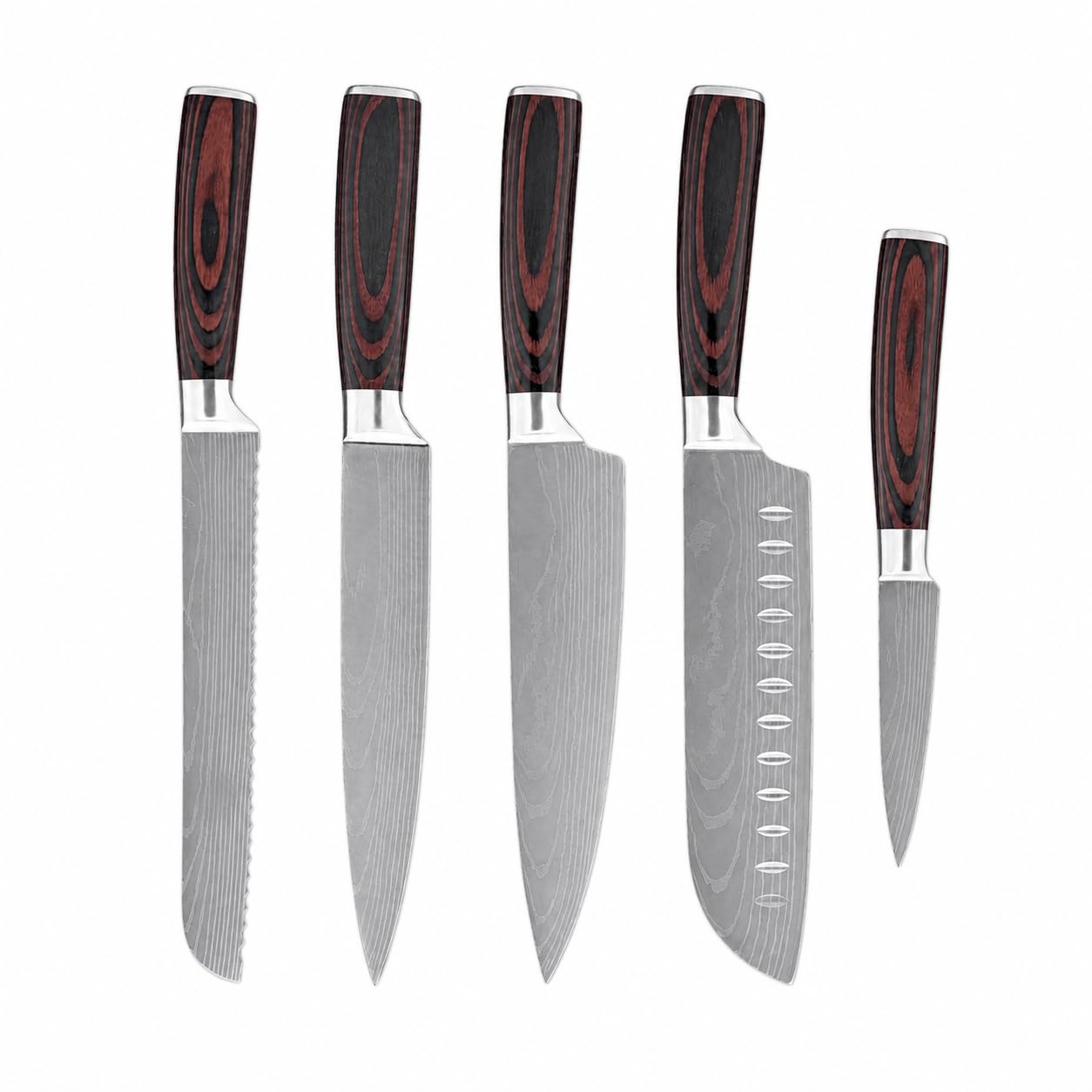 Set Coltelli Cucina 5 Pezzi Multiuso in Acciaio Inox, Chef Santoku Pane Utility e Spelucchino, Coltelli Cucina Professionali per Carne Verdure Pane e Pesce, Lama Affilata e Bilanciata, Idea Regalo
