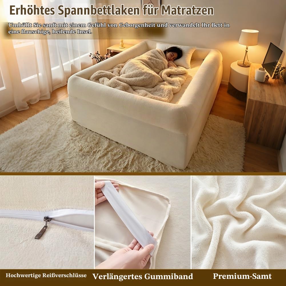 Spannbettlaken mit Rand. Weiches und Flauschiges Bettumrandungslaken aus Samt, gepolsterte Kanten bleiben fest und kollabieren Nicht, mit abnehmbarem Reißverschluss, maschinenwaschbar(180x200cm)