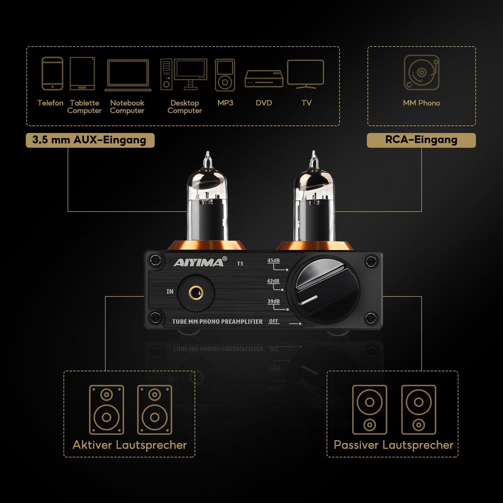 AIYIMA T3 Röhren HiFi MM Phono Vorverstärker für Plattenspieler-Vorverstärker mit Gain-Stereo-Audio für Phono-Audiophile
