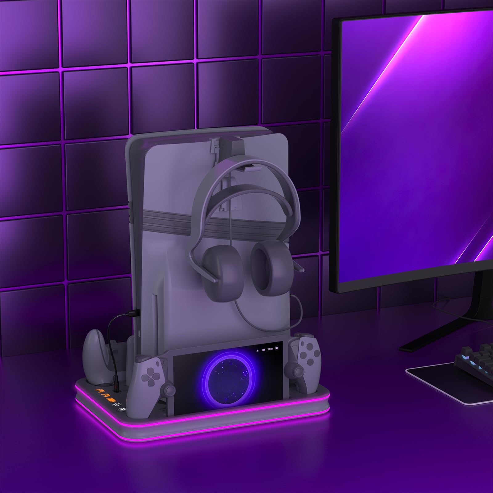 Dock di ricarica compatibile con portale e controller PS, supporto PS5 Pro e stazione di raffreddamento con dock di ricarica LED RGB, controller PS5 Edge, cuffie e supporti per telecomando