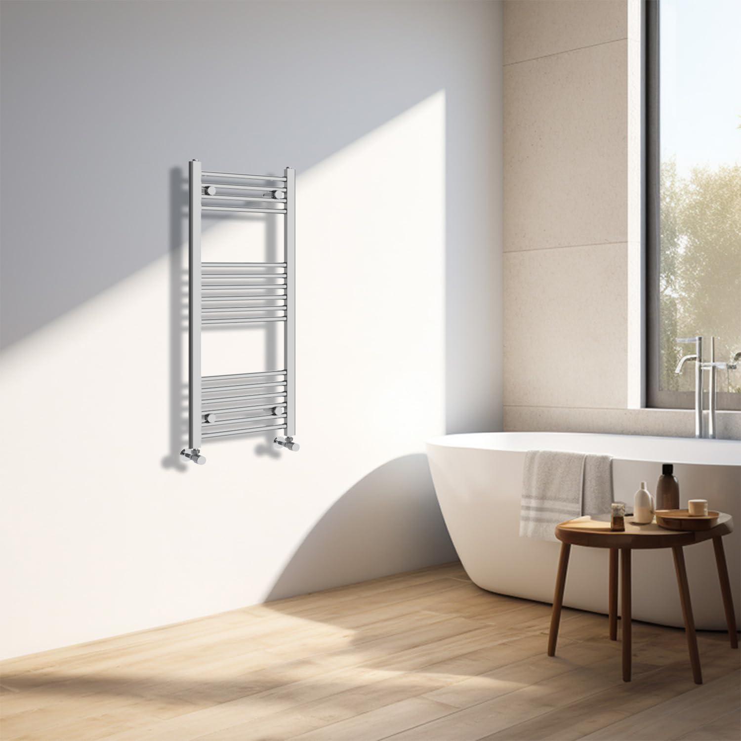 Radiador de baño NRG con acabado en cromo brillante y toallero de diseño