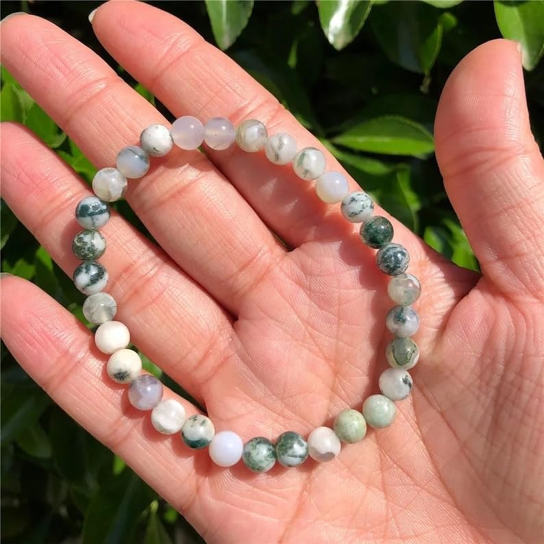 LKBEADS Naturalne naturalne zielone drzewo agate 12 mm rondelle smooth 7 cali półprecyzyjne koraliki bransoletka z koralikami dla mężczyzn i kobiet, uzdrawiająca, kryształowa, rozciągliwa, bransoletka