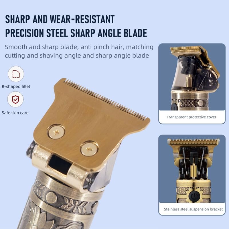 Close-up view of the SURKER SK-993A clipper's precision steel blade, highlighting its R-shaped fillet for safe skin care and transparent protective cover.