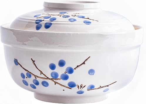 Ramen Bowls with Lid, Japanese Style 27.5 OZ Big Instant Noodle Bowl for Soup Rice and Porridge Microwave Oven Safety Blue Flower