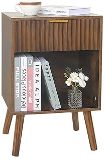 Mid Century Modern Nightstand, Wood Bedside Table with Drawer and Opening Storage, End Table Living Room Fluted Night Stand with Solid Wood Legs for Bedroom (Rustic Brown)